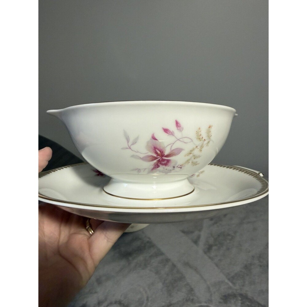 Rosenthal Orchid Aida White Gravy Boat with Attached Underplate Pink Flowers